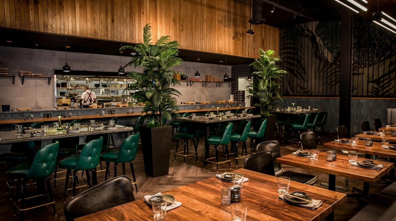 Modern restaurant interior with a chef in an open kitchen, wooden tables, green bar stools, and large plants.