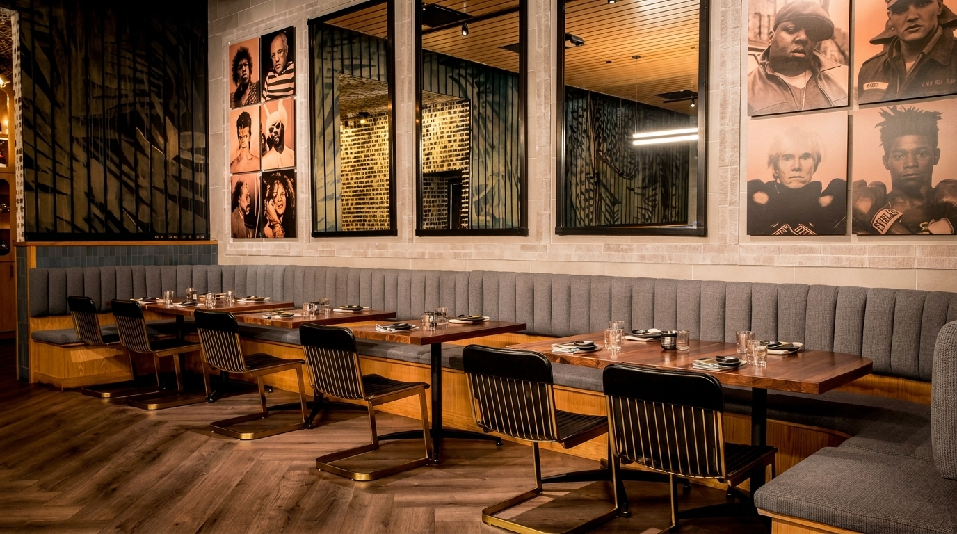 Restaurant interior with booth seating, wooden tables, and framed portraits on a brick wall.