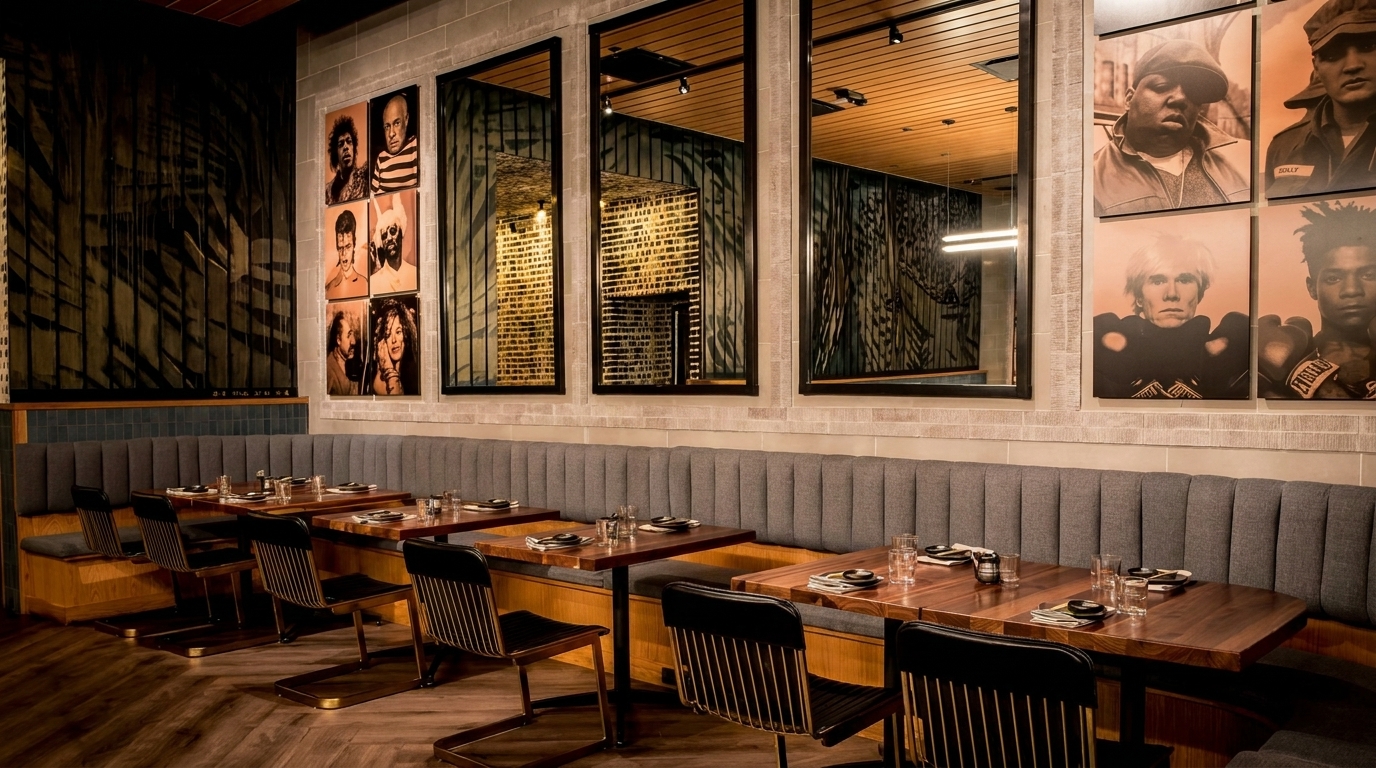 Restaurant interior with booth seating, wooden tables, and framed portraits of musicians and artists on the wall.