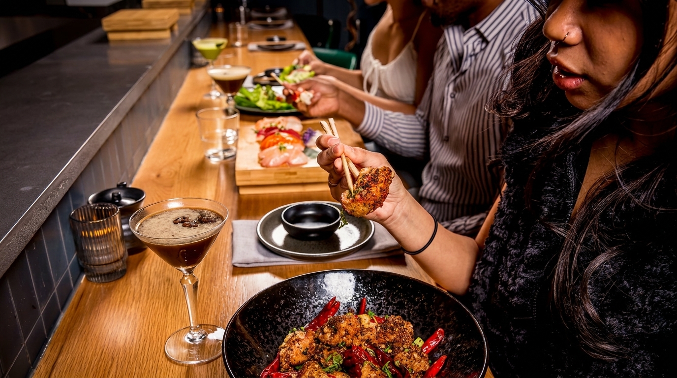 People dining at a restaurant bar, enjoying cocktails and various dishes, including sushi and fried chicken.