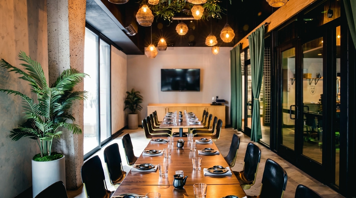 Long dining table set for a private event, with modern decor and hanging woven lights.