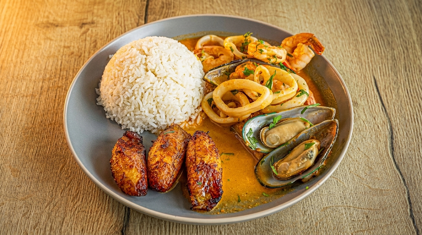Seafood medley with rice and plantains on a gray plate, featuring mussels, calamari, and shrimp.
