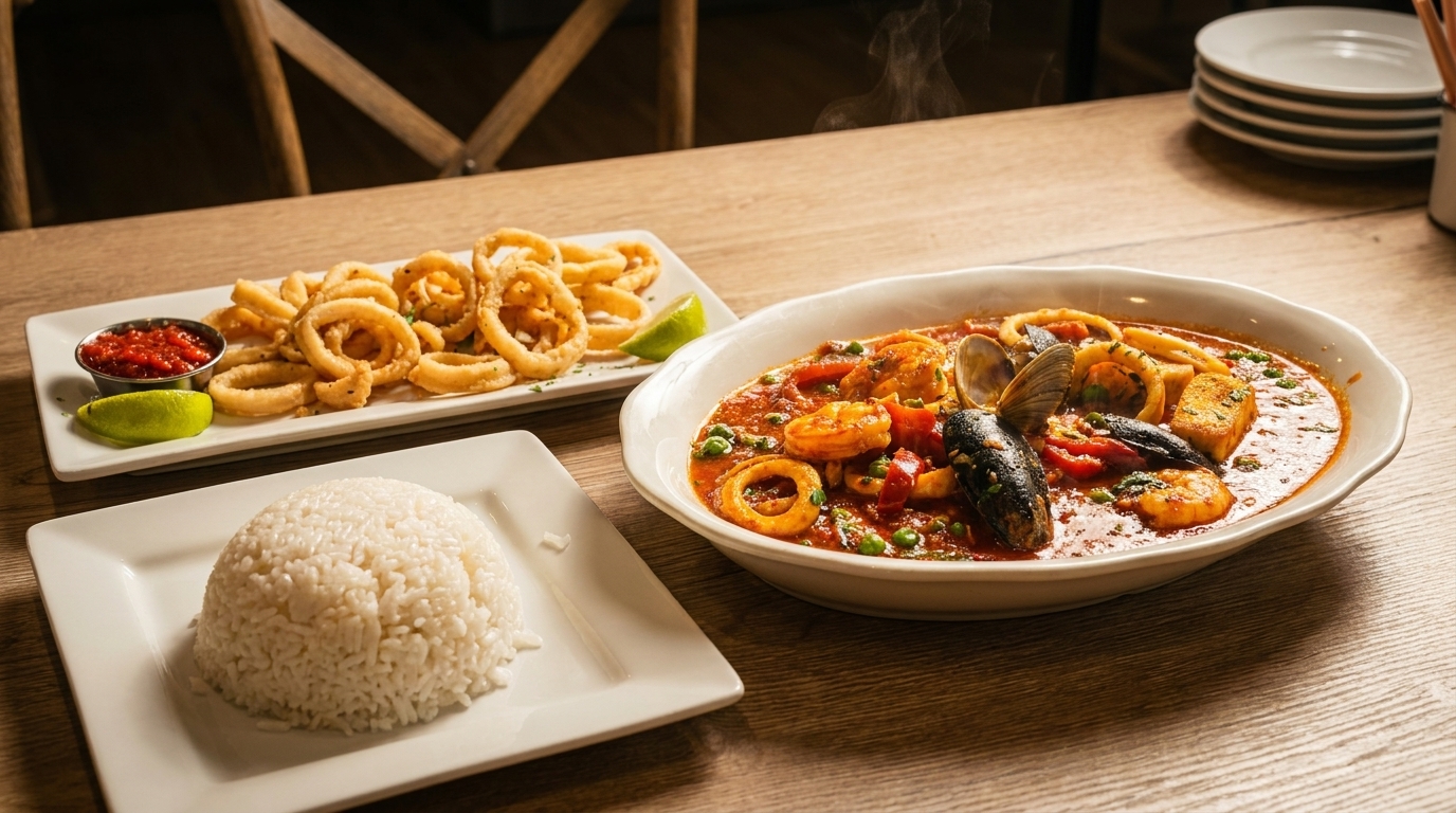A seafood stew with mussels, shrimp, and calamari, alongside fried calamari and white rice.