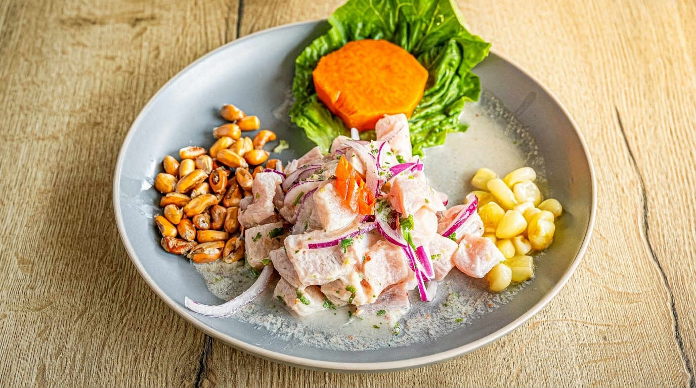 Peruvian ceviche with fish, red onion, corn, toasted corn, sweet potato, and lettuce.