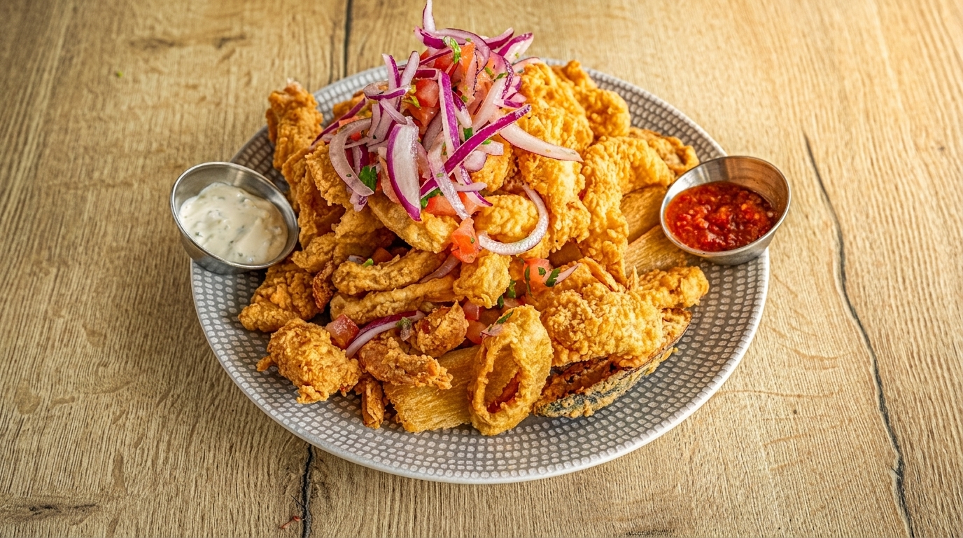 Crispy fried seafood and yuca, topped with red onion and tomato salsa, served with two dipping sauces.
