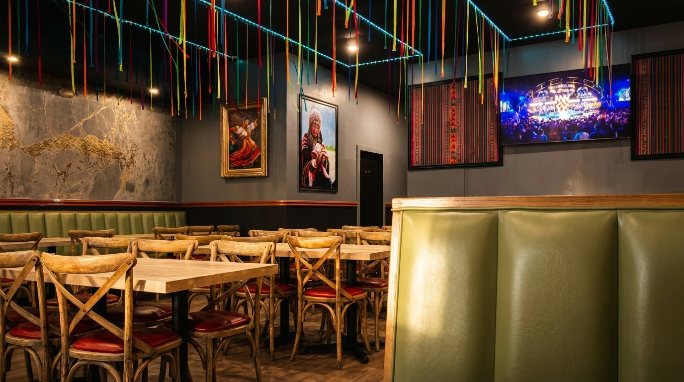 Restaurant dining room with wooden tables, green booths, colorful ceiling ribbons, and wall art.