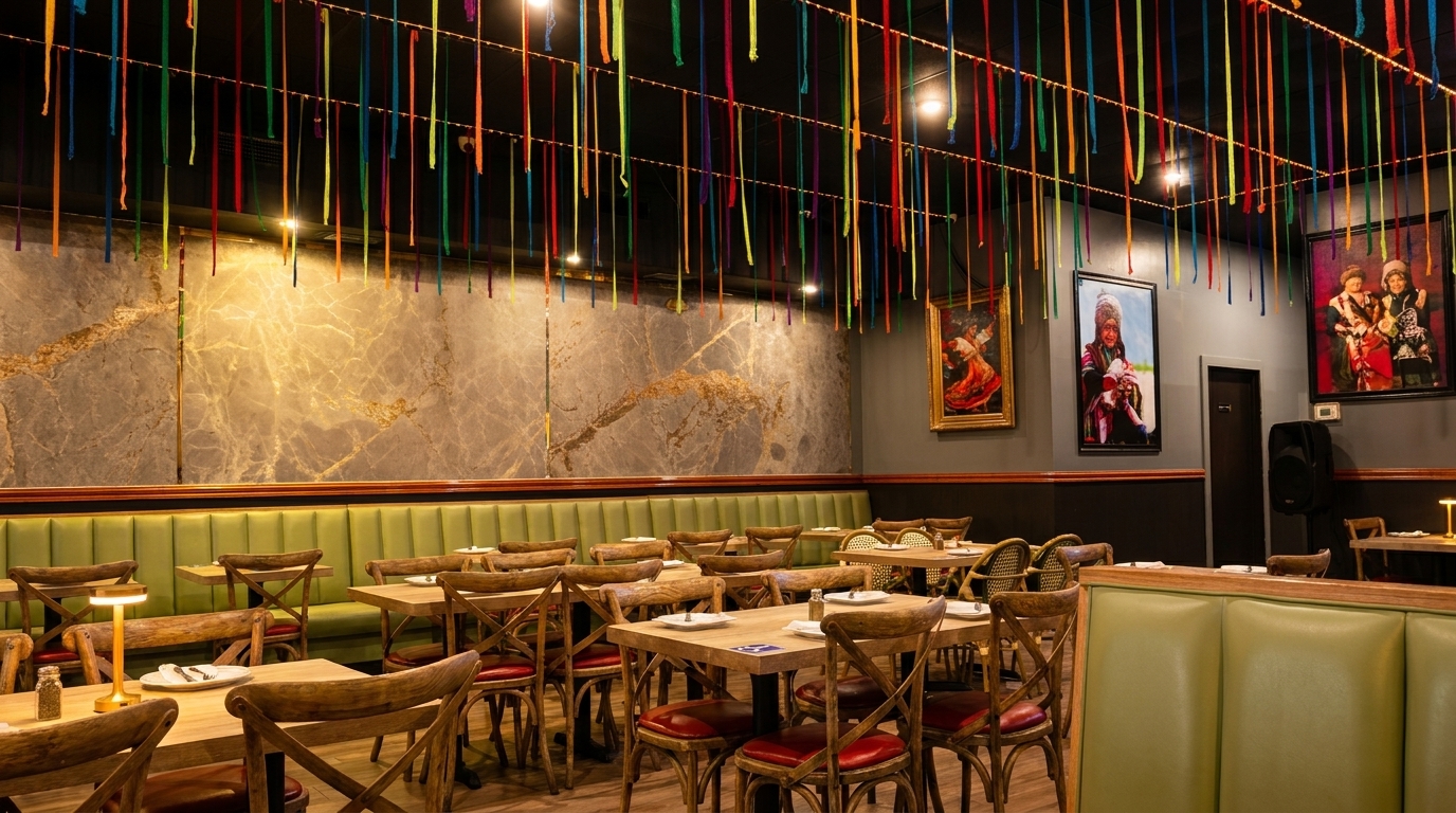 Restaurant interior with colorful ribbons hanging from the ceiling, wooden tables, and green booth seating.