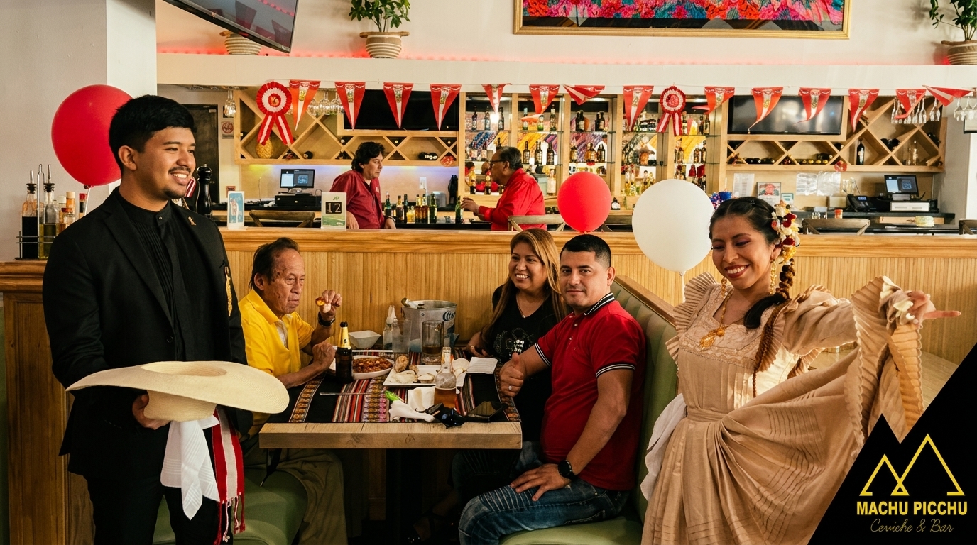 People celebrating in a Peruvian restaurant, with a woman in traditional dress dancing.