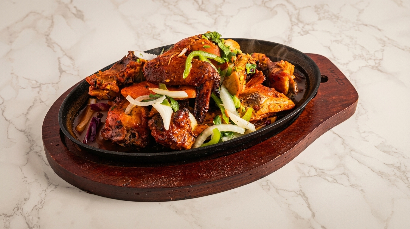 Sizzling chicken wings and drumsticks with onions and peppers on a cast iron platter.