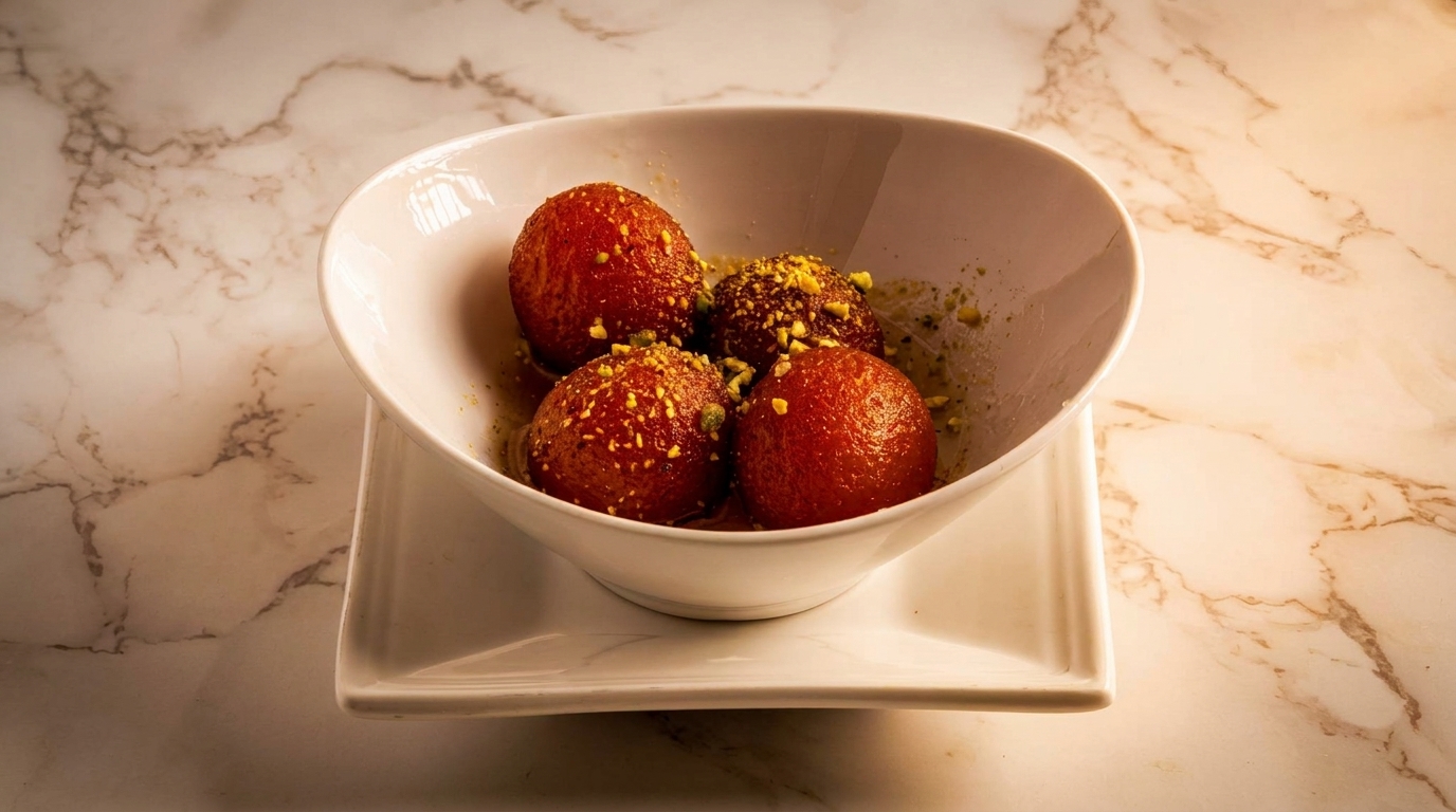 Four gulab jamun, two topped with pistachios, in a white bowl on a marble surface.