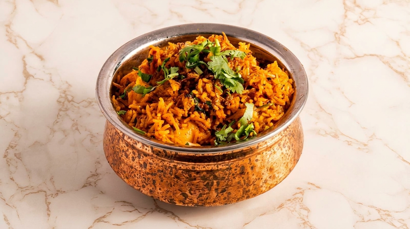 Chicken Biryani in a copper pot, garnished with fresh cilantro, on a marble surface.