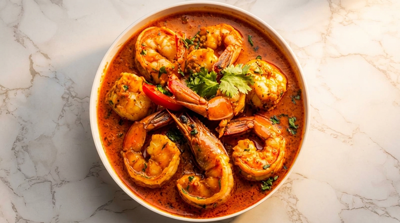 A white bowl filled with shrimp in a rich red sauce, garnished with cilantro and red pepper.