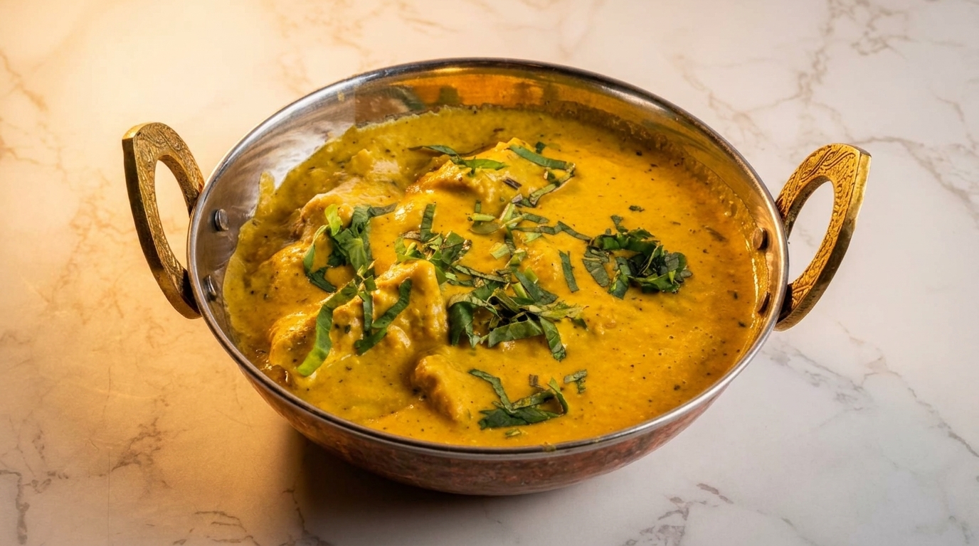 A copper karahi bowl filled with creamy yellow chicken curry, garnished with fresh green herbs.