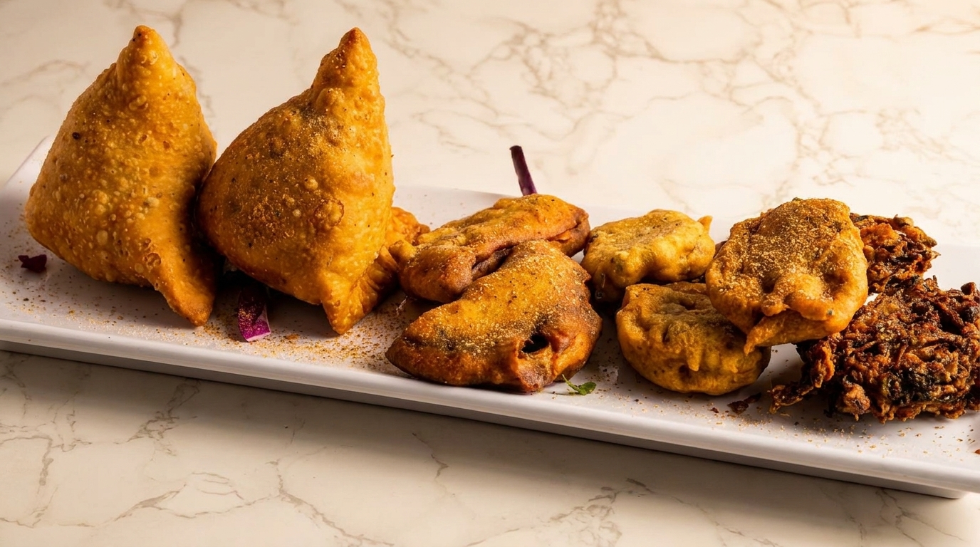 A white platter holds two golden samosas, pakoras, and bhajis, sprinkled with spices on marble.
