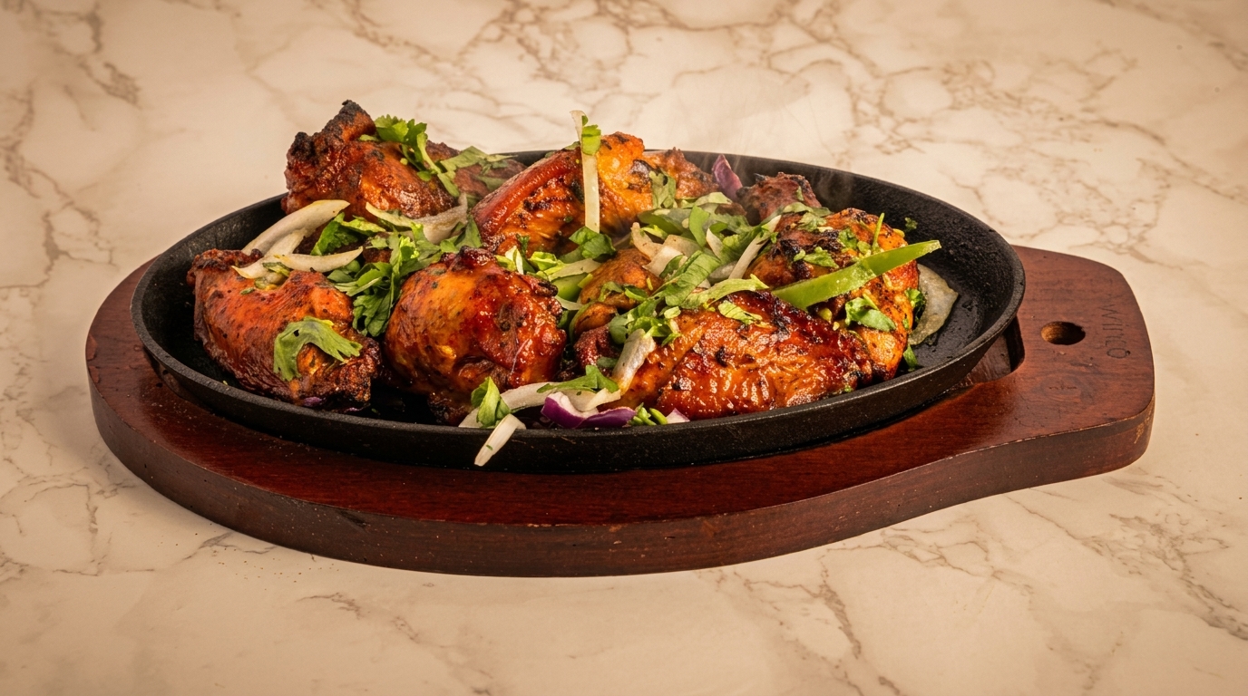 Sizzling chicken tikka, garnished with fresh cilantro, onions, and green peppers on a hot plate.