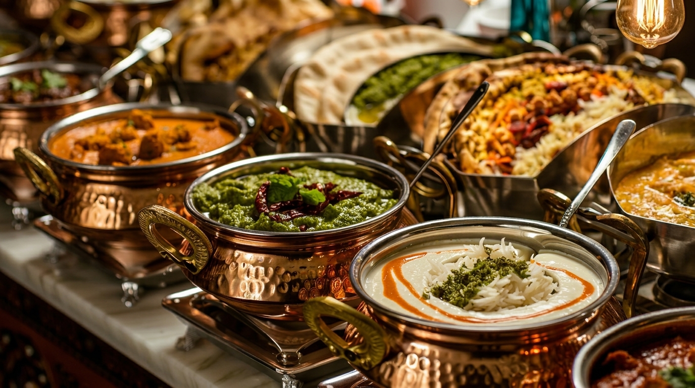 A buffet spread of Indian cuisine, featuring various curries, rice, and flatbreads in copper serving dishes.