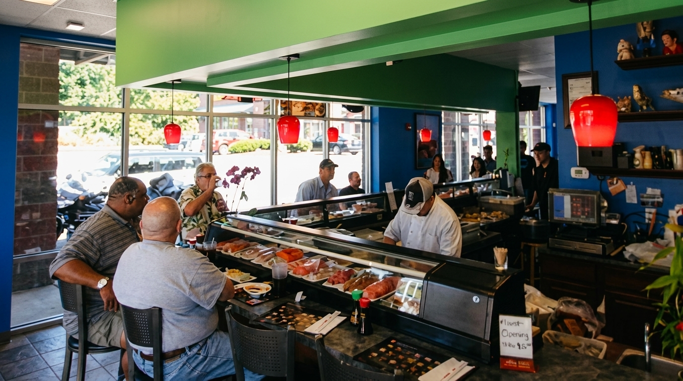 Diners seated at a sushi bar with a chef preparing food, under green and blue decor.