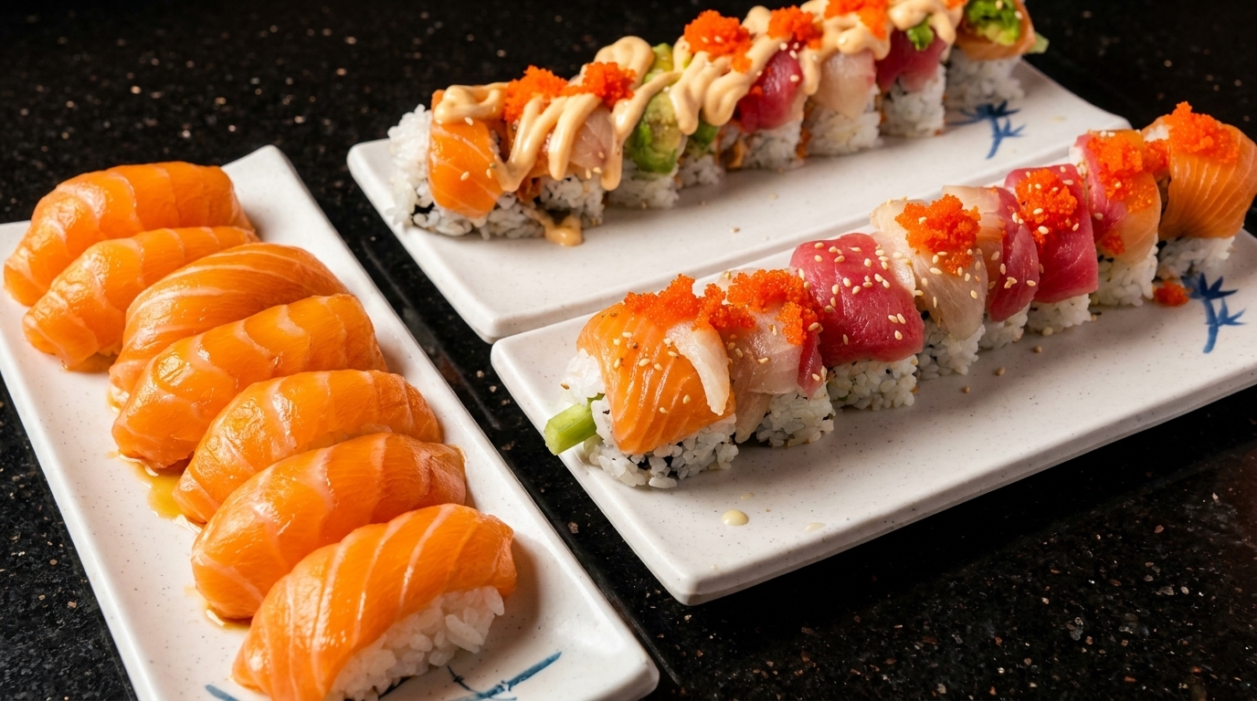Plates of salmon nigiri and colorful sushi rolls with various toppings on a dark speckled surface.