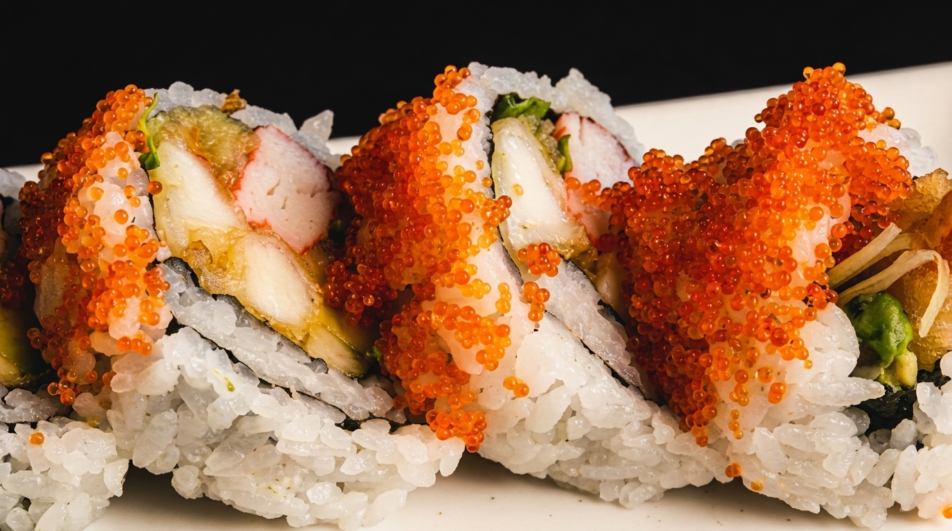 Close-up of sushi rolls with white rice, crab, avocado, and bright orange fish roe.