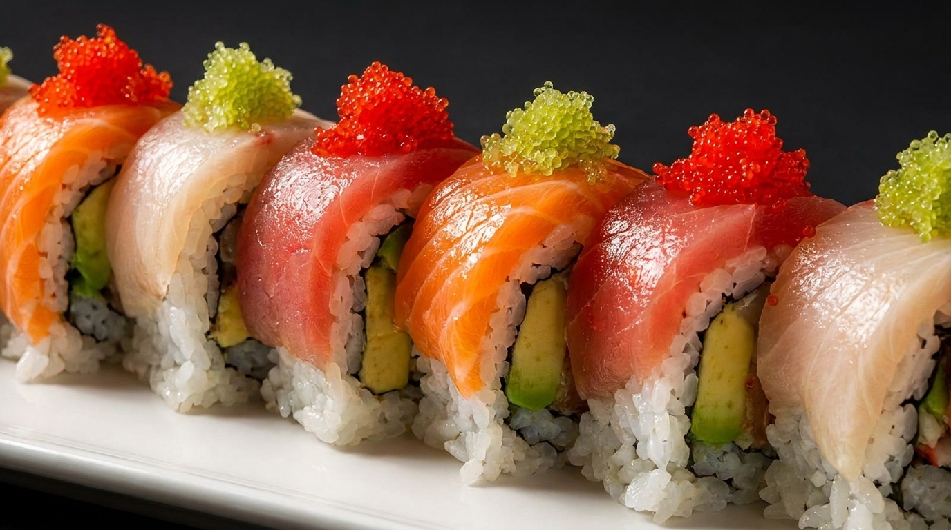 Colorful sushi rolls with various fish toppings and roe, arranged on a white plate.
