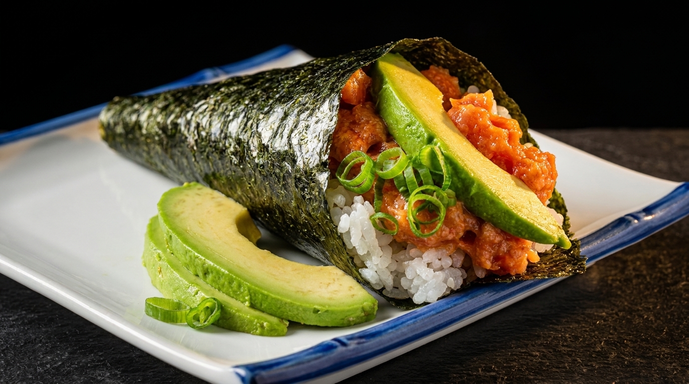 Spicy tuna hand roll with rice, avocado, and green onions on a white plate.
