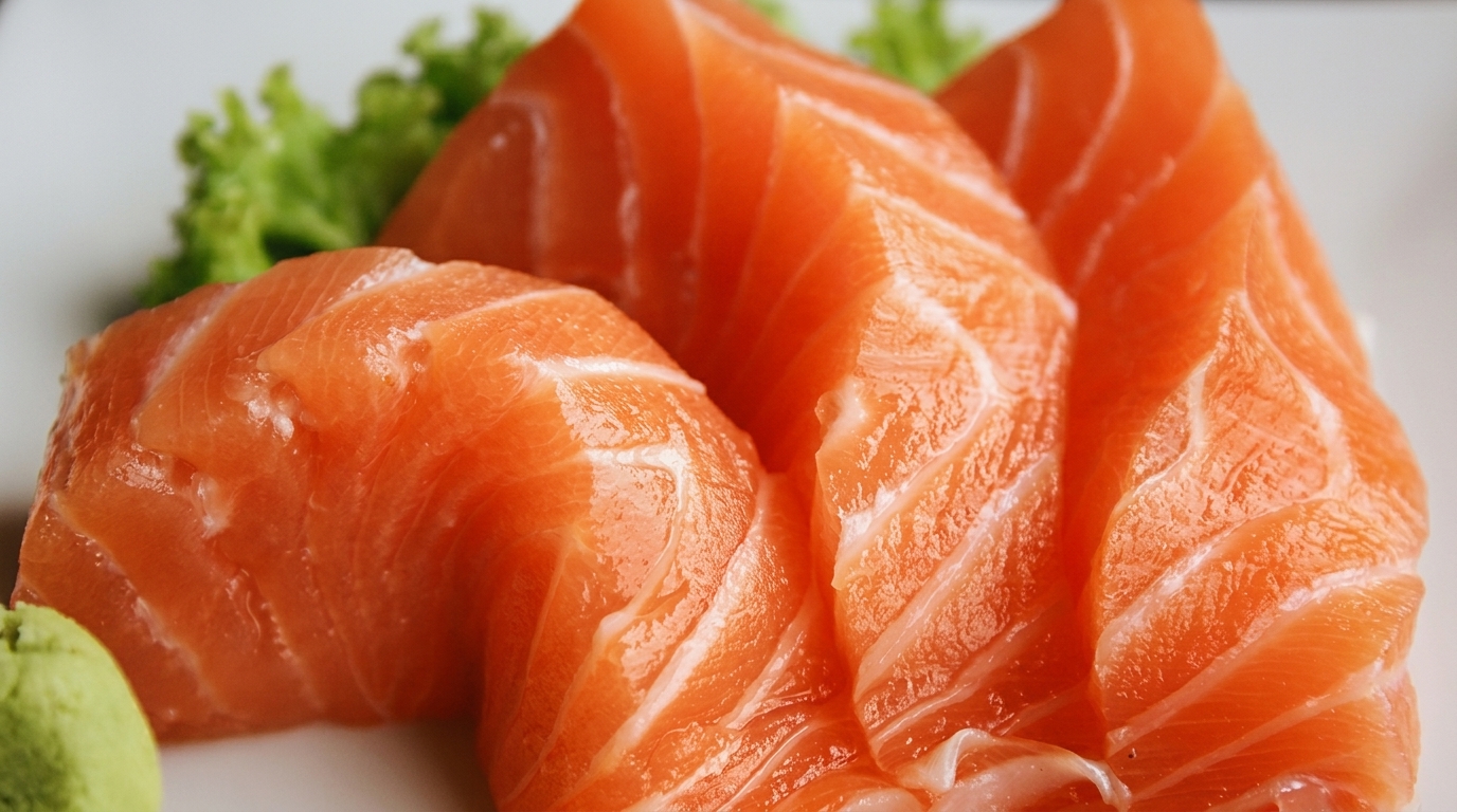 Close-up of fresh, vibrant orange salmon sashimi slices with green lettuce and wasabi.