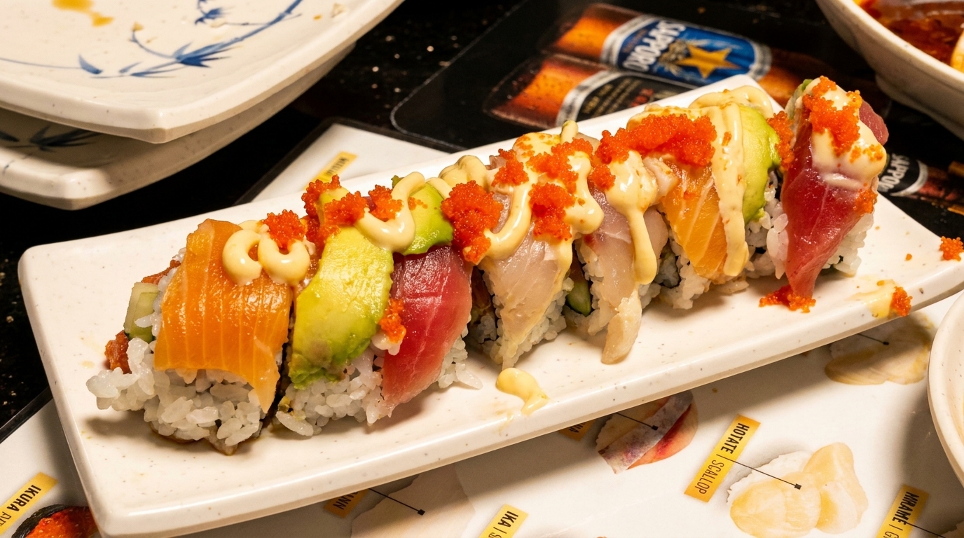 A vibrant sushi roll with various fish, avocado, sauce, and roe on a white plate.