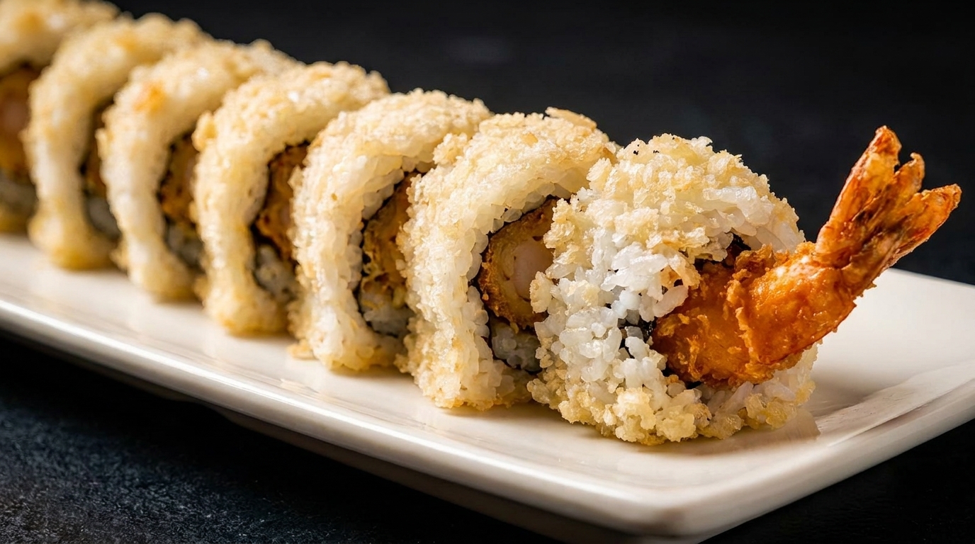 A row of crispy tempura shrimp sushi rolls with rice and golden breading on a white plate.