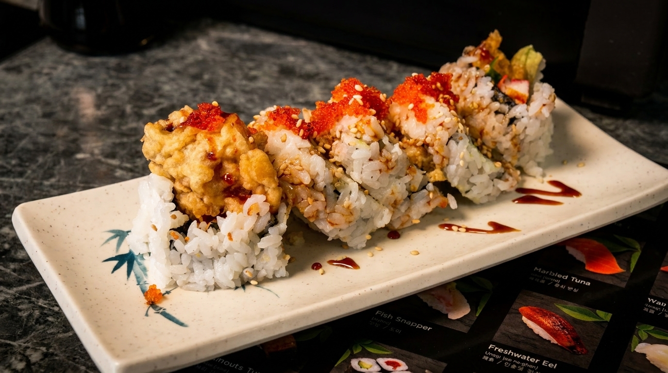 A plate of sushi rolls with tempura, red roe, and sesame seeds, drizzled with sauce.