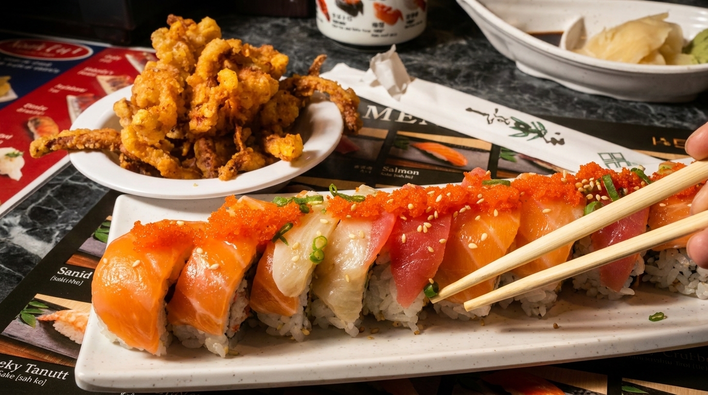 A plate of colorful sushi rolls with tobiko and fried calamari, with chopsticks picking up a piece.