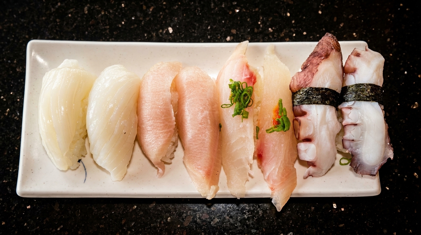 A white rectangular plate holds various types of sushi, including squid, tuna, and octopus nigiri.