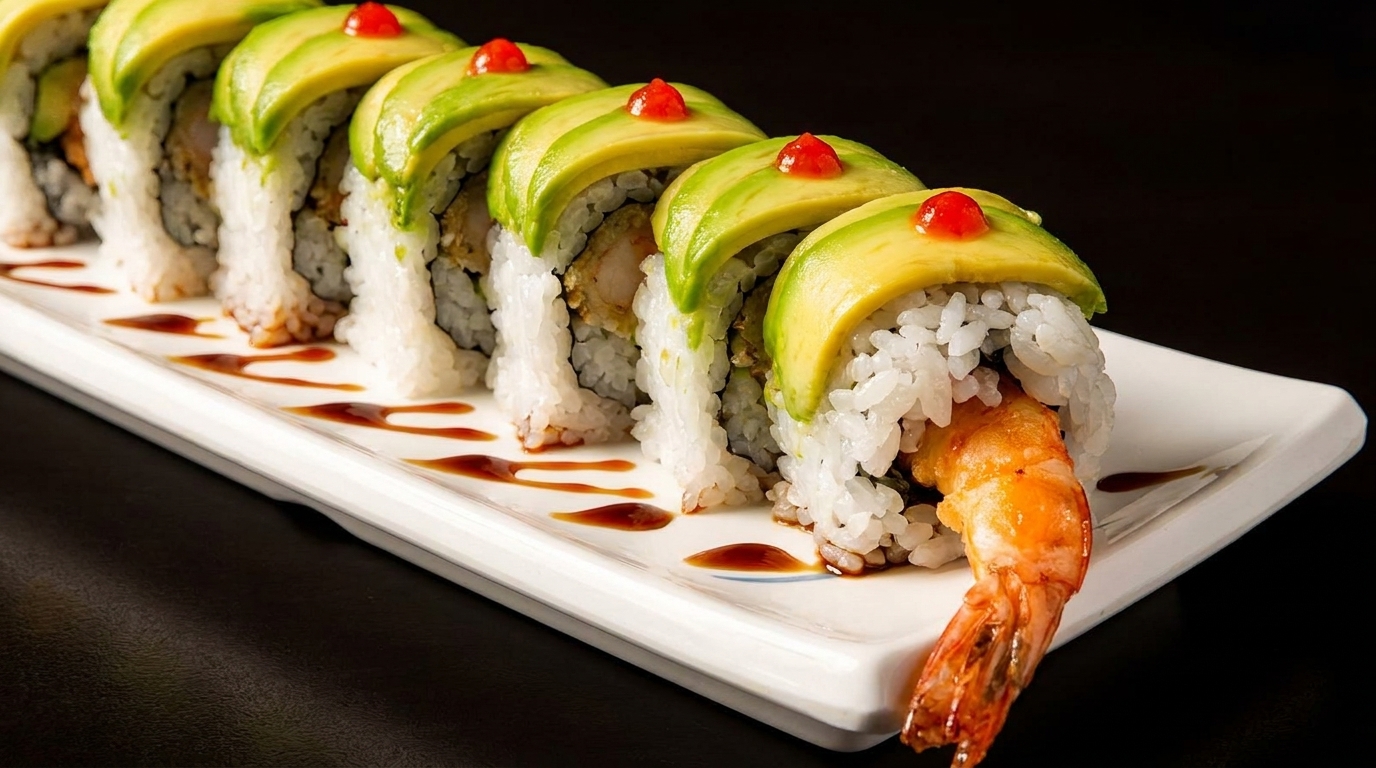 Dragon roll sushi with avocado slices, red tobiko, and a fried shrimp tail on a white plate.