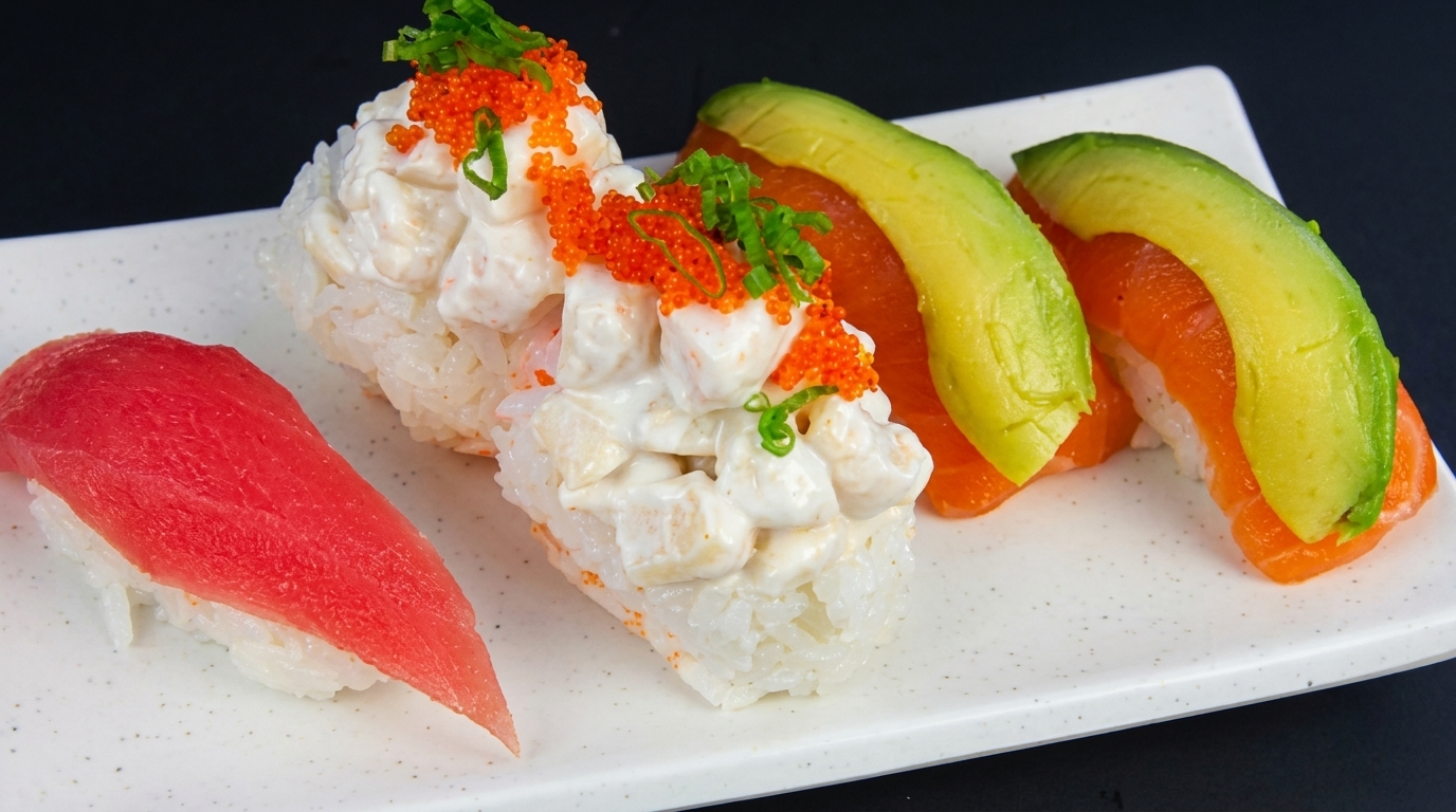 A plate of sushi with tuna, salmon and avocado, and a creamy seafood topping with roe.