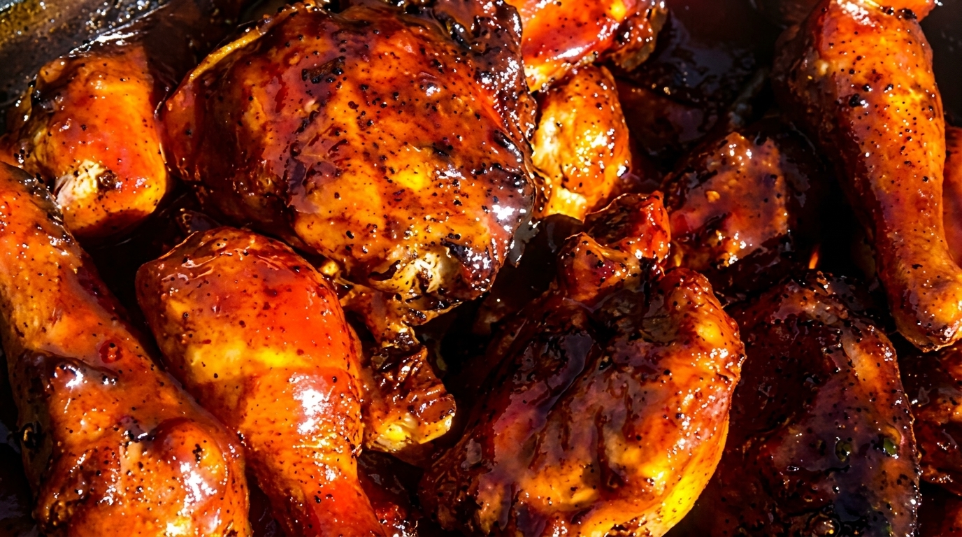 Close-up of glistening, dark brown barbecue chicken pieces with visible seasoning.