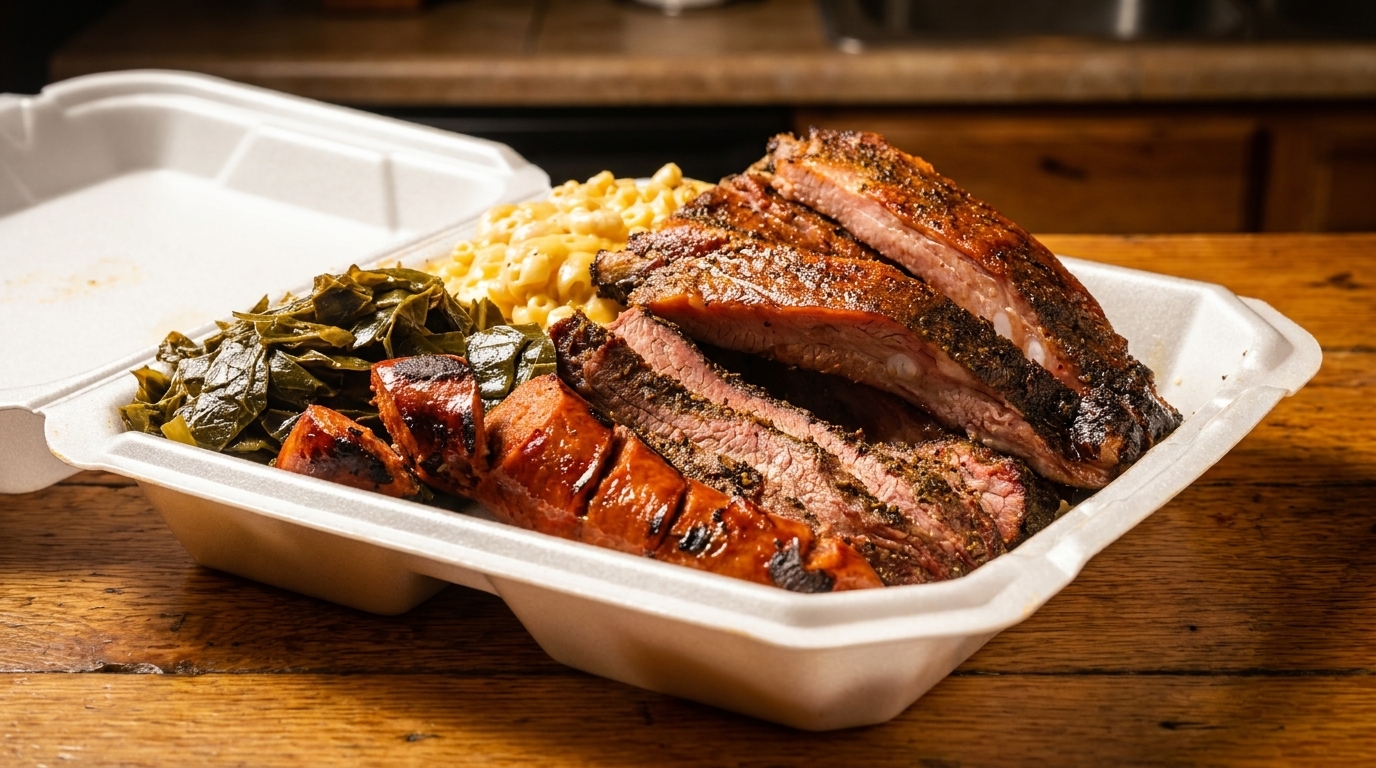 Barbecue ribs, brisket, sausage, collard greens, and macaroni and cheese in a takeout container.