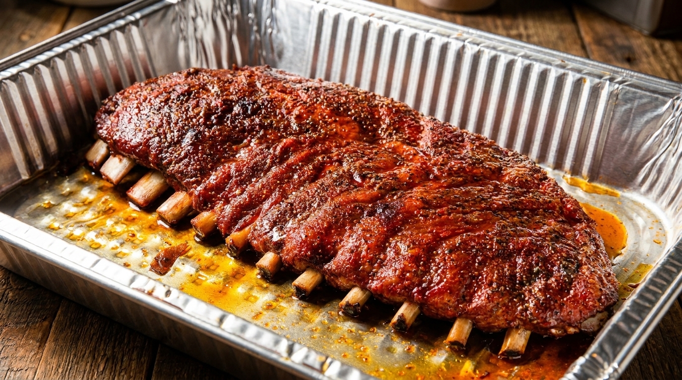 A rack of saucy, seasoned ribs in a foil pan, with visible bones and glistening fat.