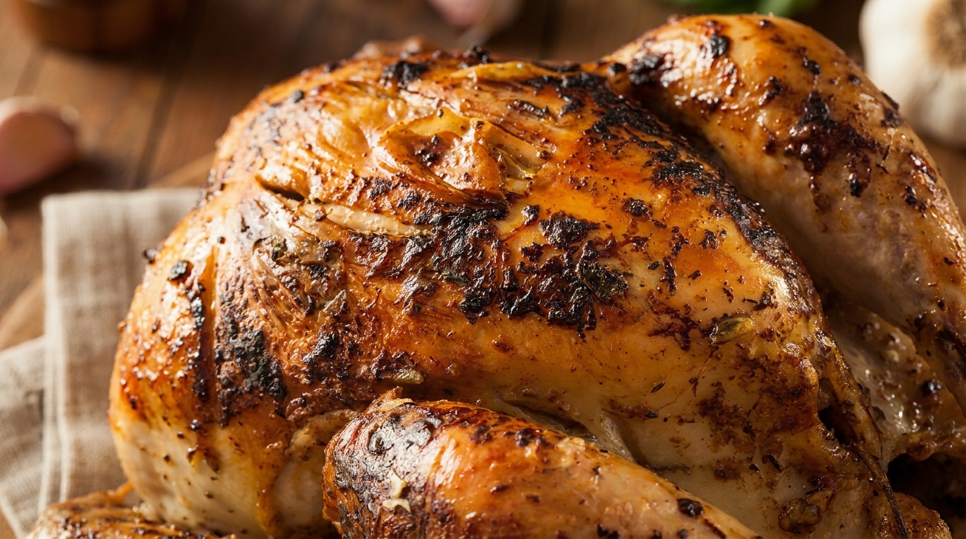 Close-up of a perfectly roasted whole chicken with crispy, golden-brown skin and visible herbs.