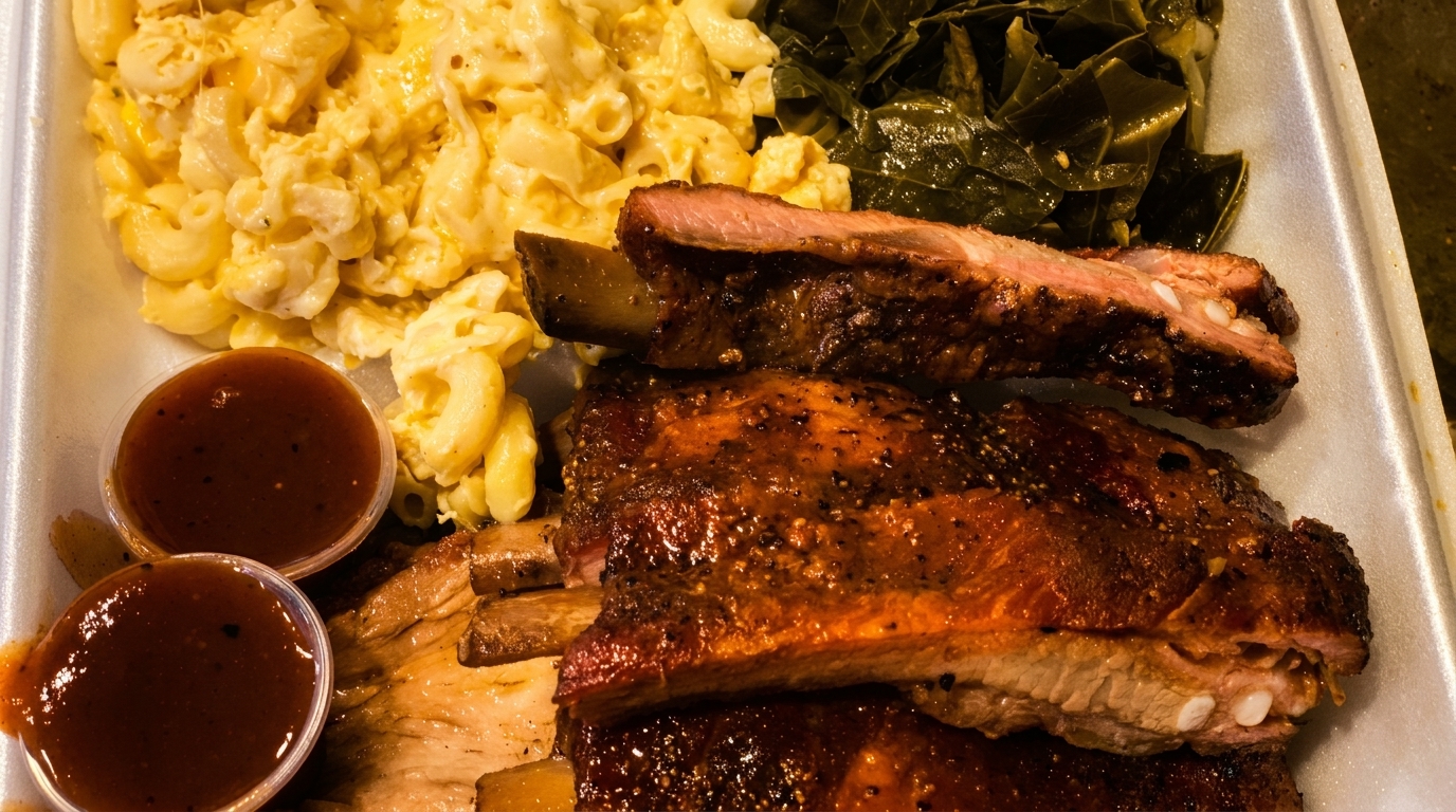 Ribs, macaroni and cheese, collard greens, and two cups of BBQ sauce in a takeout container.