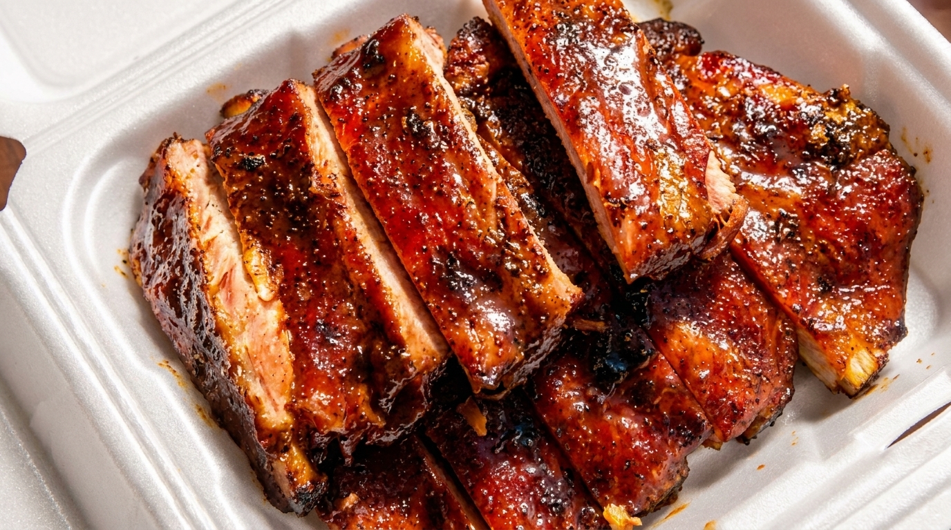 Close-up of glistening, saucy BBQ ribs in a white takeout container.