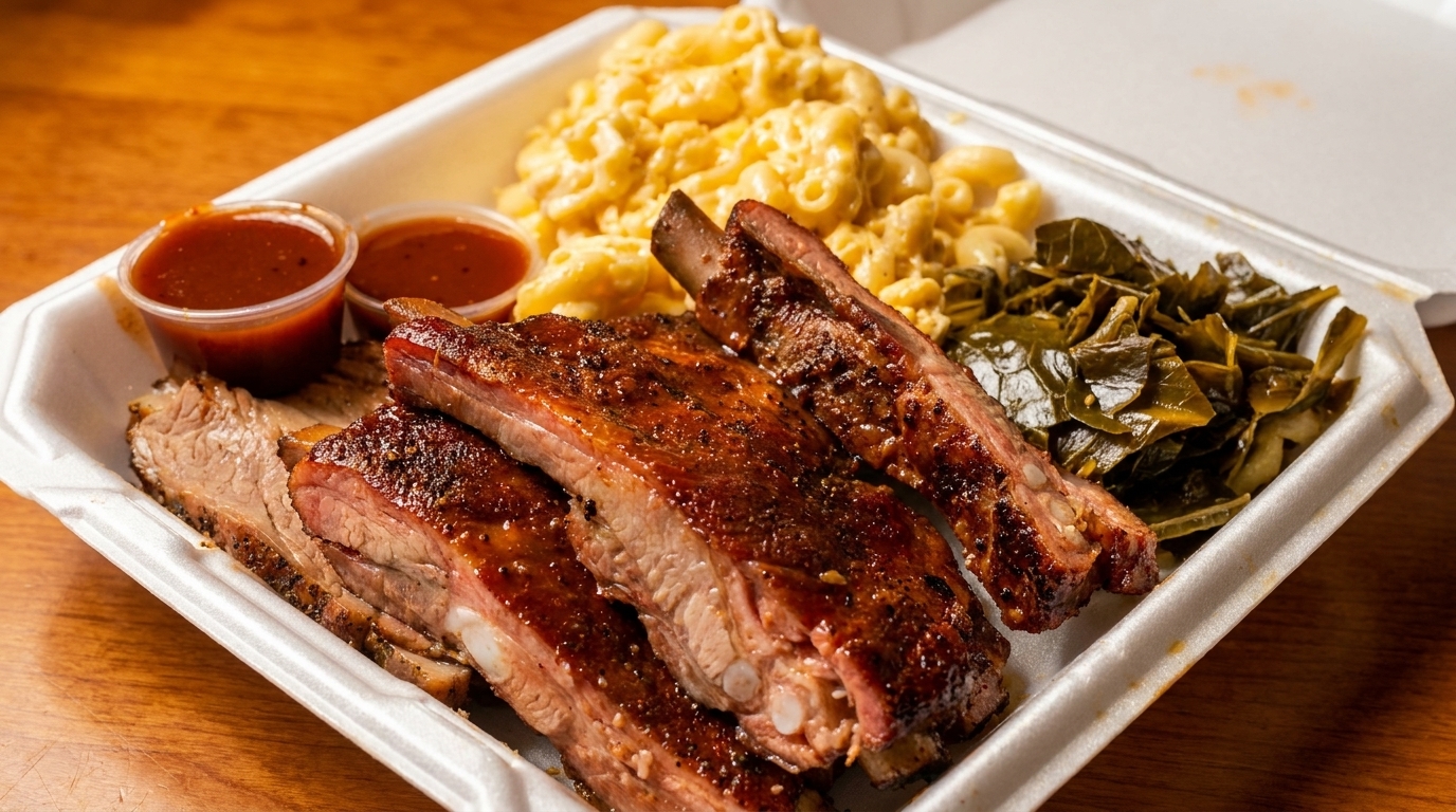 Barbecue ribs and brisket with mac and cheese, collard greens, and two cups of sauce in a to-go container.