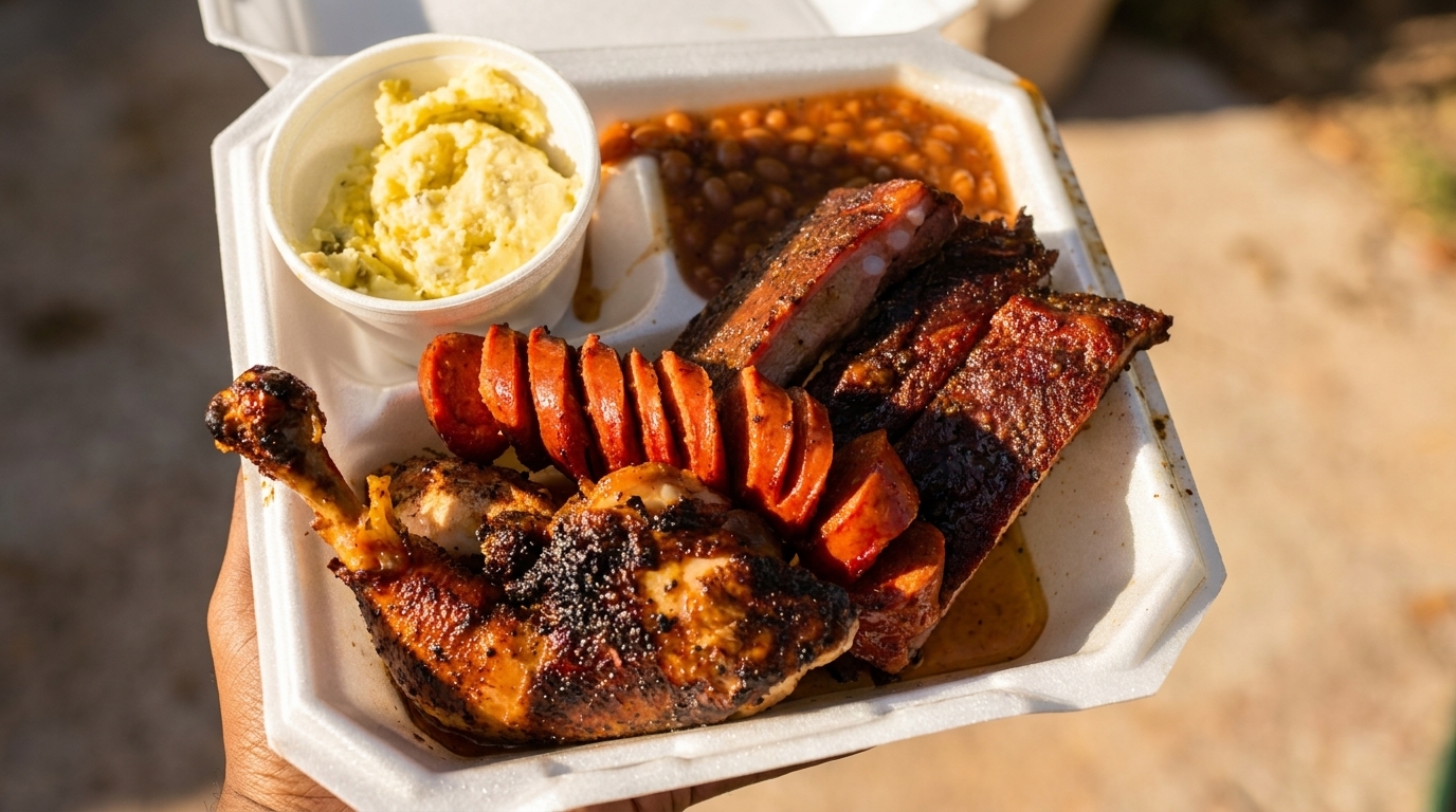 A person holds a takeout container filled with barbecue chicken, ribs, sausage, baked beans, and potato salad.