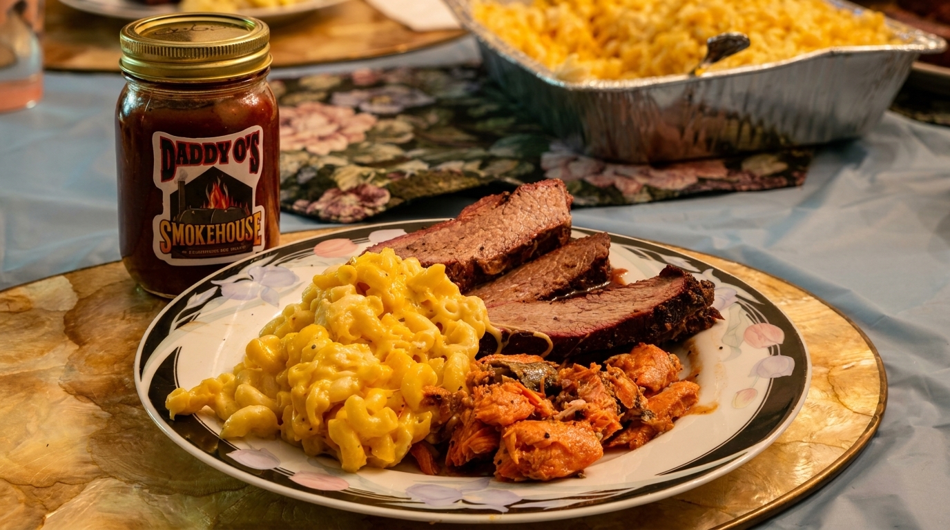 A plate of Daddy O's Smokehouse brisket, mac and cheese, and sweet potatoes, with BBQ sauce.