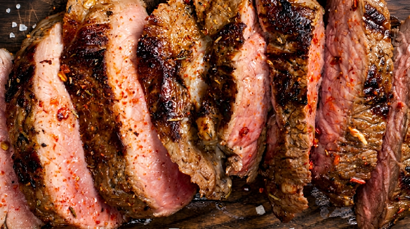 Close-up of perfectly cooked, sliced steak with a pink center and charred, seasoned crust.