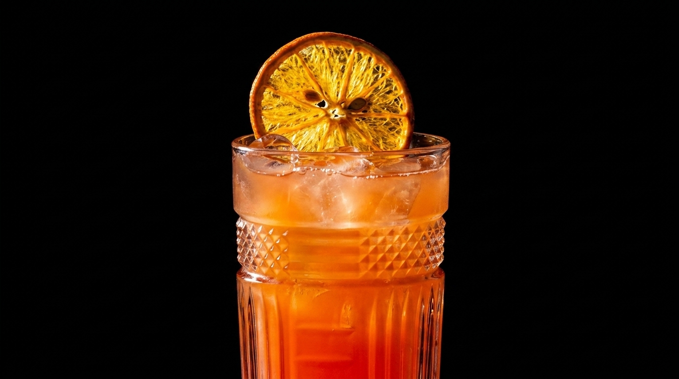 A vibrant orange cocktail with ice and a dried orange slice garnish in a textured glass.
