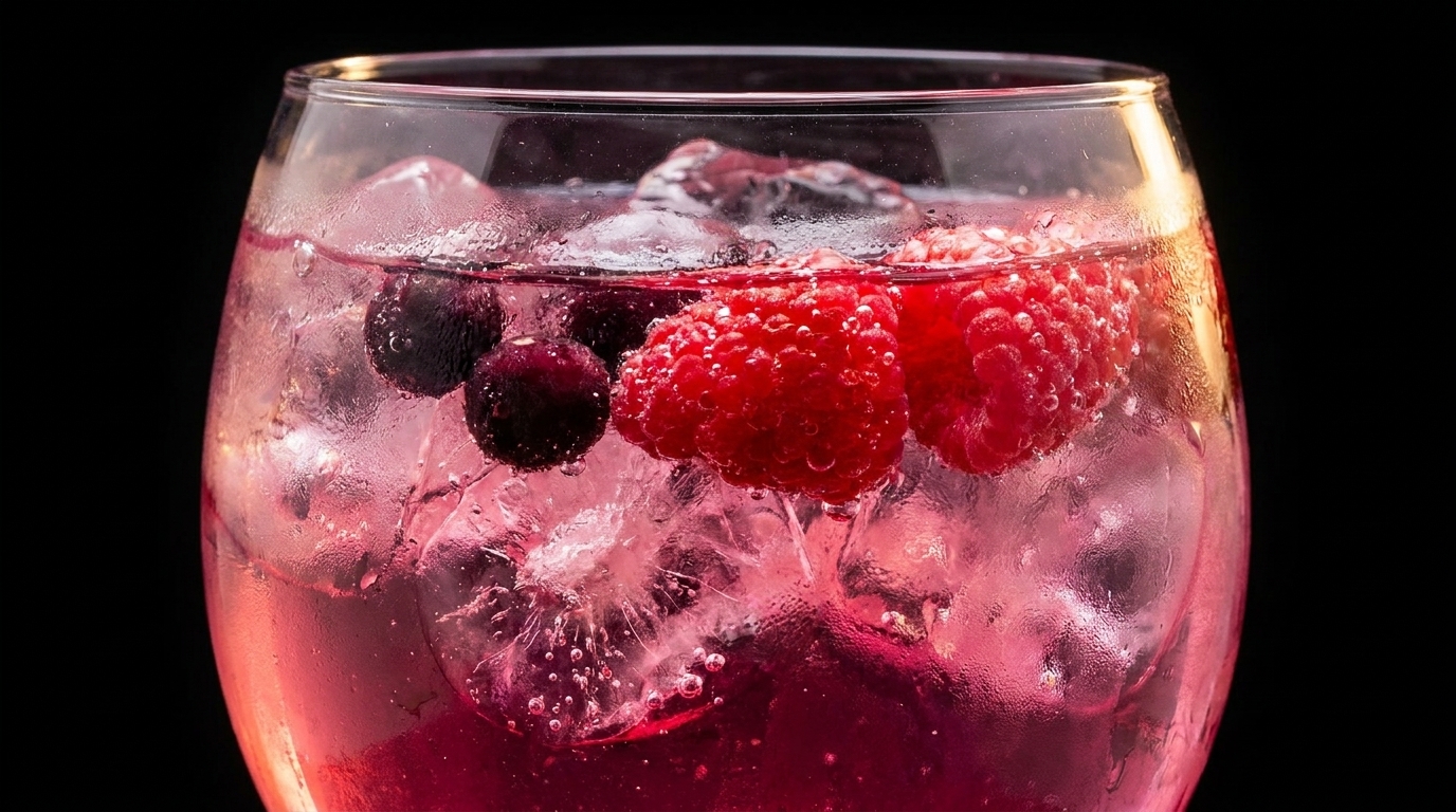 Close-up of a vibrant pink cocktail with raspberries, blueberries, and ice in a glass.