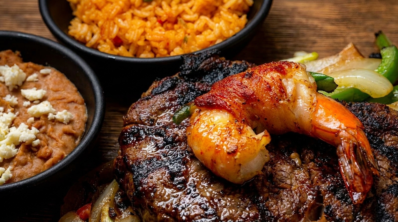 Grilled steak and shrimp with bell peppers, onions, refried beans, and rice.