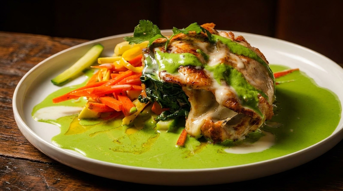 Grilled chicken breast with melted cheese, green sauce, and julienned vegetables on a white plate.