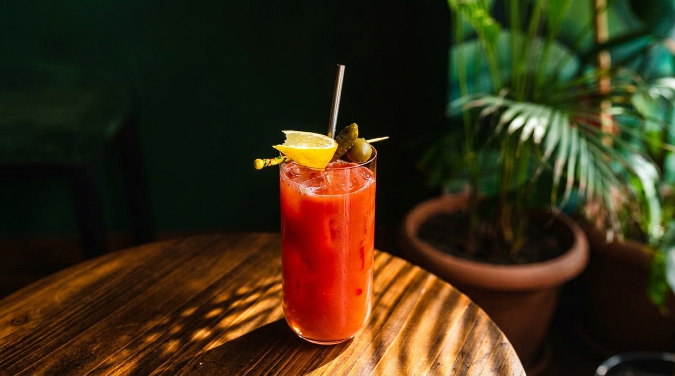 A Bloody Mary cocktail with lemon and olive garnish sits on a wooden table.