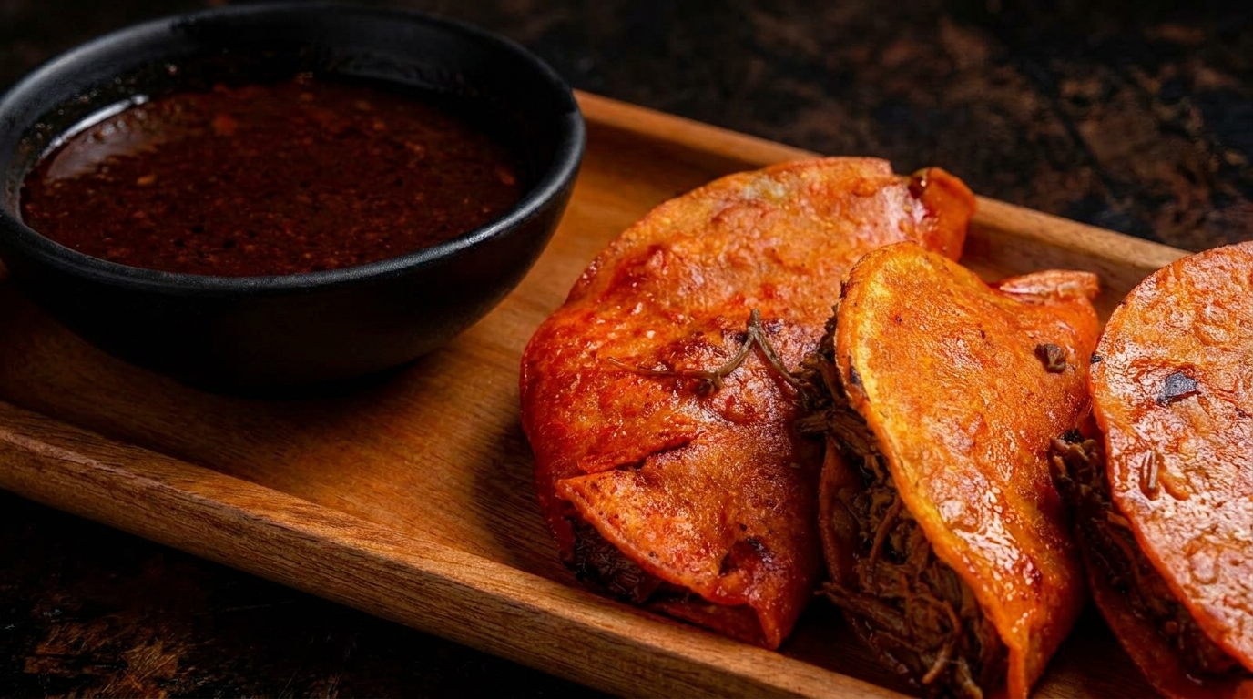 Three birria tacos with a side of rich, dark consommé on a wooden tray.