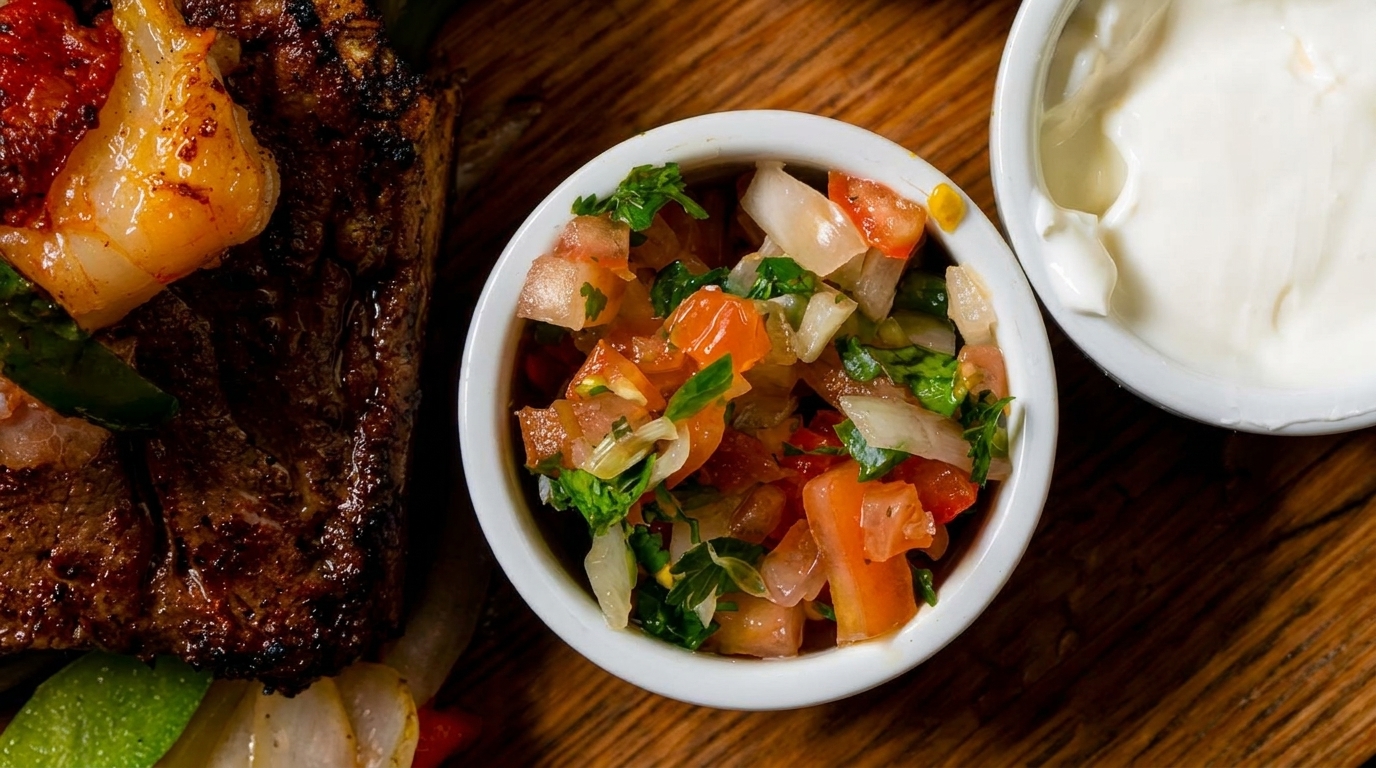 Grilled steak with shrimp, salsa, and sour cream on a wooden surface.